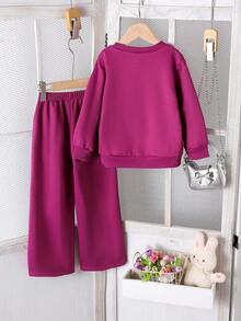 2pcs/Set Young Girl' Casual Minimalist Big Bow Decor Long Sleeve Top And Pants Set, Thermal Lined For Autumn/Winter - Purple - View 2