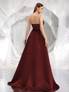 Romantica 女士派对礼服，亮片无肩带透视撞色美人鱼长裙，配缎面披肩，优雅晚礼服，适合春季婚礼穿着。 - 酒紅色 - 查看 2