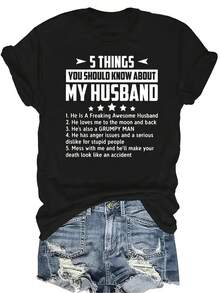 [Camiseta de moda casual] Camiseta suave y cómoda para mujer - Rasgos de un esposo increíble Casual de manga corta y cuello redondo, regalo perfecto para la abuela y la mamá, uso casual de primavera y verano - Negro - Ver 1