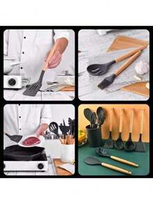 Silicone Kitchen Set Spoons Spatula 12 Pieces Wood Decoration - verde - Ver 10
