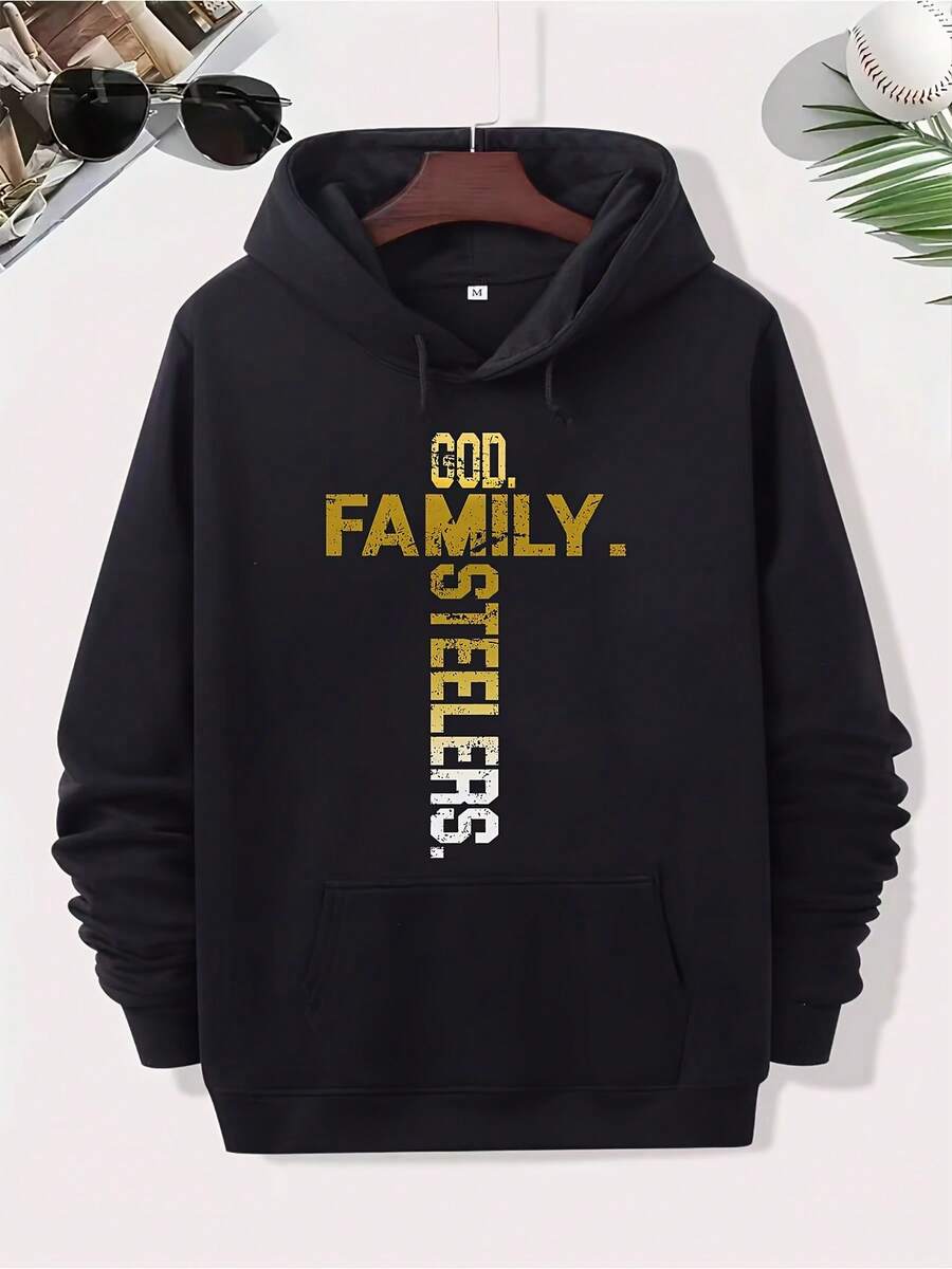 Men's Plus Size Hoodie - Heavyweight Pullover Sweatshirt With GOD FAMILY STEELERS Pattern, Front Pocket Design - Machine Washable Exclusive For Steelers Fans, Casual Daily Wear - Black, Street Style Fashion, Comfortable Fabric, Essential For Sports Fans - màu đen - Xem 1