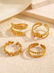 4pcs 18K Gold Plated Stainless Steel Adjustable Rings Set, Minimalist Geometric Leaf & Sun Design, Fashionable Jewelry For Women, Suitable For Daily Wear, Gifts, Dates, Parties, Outings