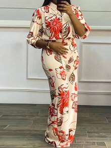 2pcs/Set Plus Size Women Random Print Top And Pants Set - Khaki - View 4