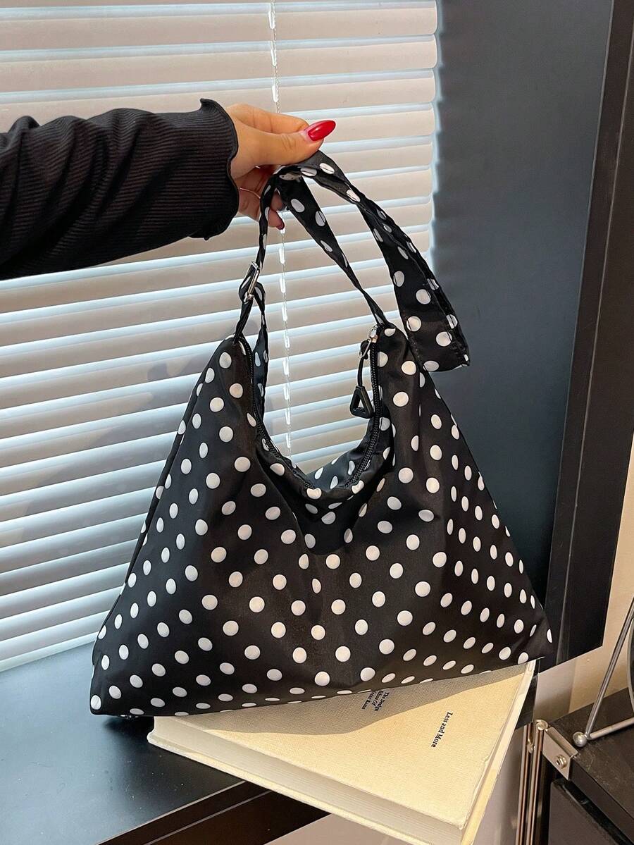 圆点简约帆布包春夏季新款露口双肩带轻便简约大容量斜挎包适合女性日常生活休闲通勤学生使用 - 黑色 - 查看 1