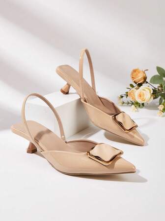 女士高跟鞋，新款春夏尖头凉鞋，优雅方形扣装饰女士小猫跟，细跟后带穆勒露跟鞋，通勤休闲舒适低跟，不疲劳