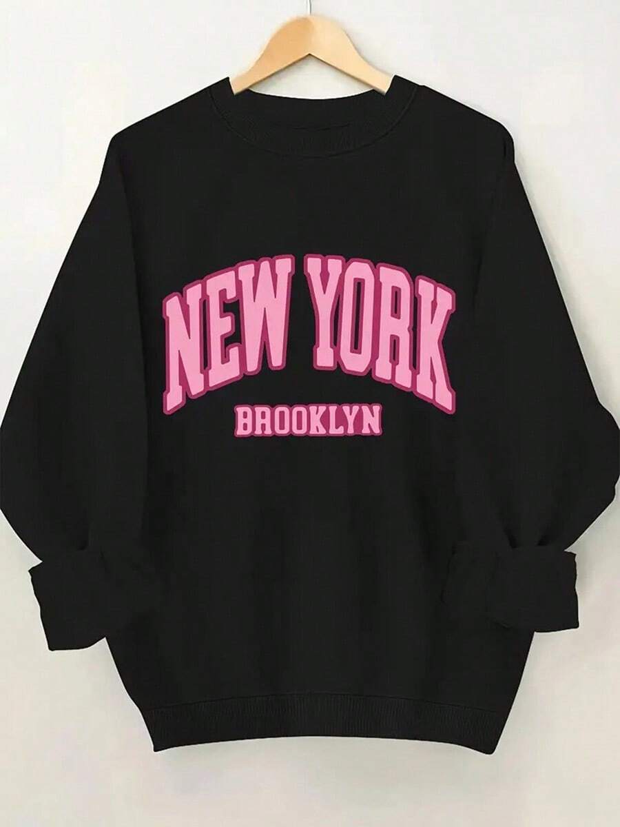 MEN'S Plus Size Sweatshirt, NEW YORK BROOKLYN Letter Print, Casual Round Neck Pullover, Polyester Knit, Stretch Fabric,Fall Hoodies,Men's Fall Clothes,Street Wear,Halloween,Mens Hoodies,Y2k Clothes,Jesus Hoodie,Thanksgiving Day,Nightmare Before Christmas,Christmas - 黑色 - 查看 1