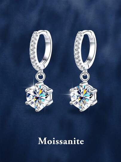 A Pair Of 1-Carat Elegant Moissanite Drop Dangle Hoop Earrings For Women S925 Sterling Sliver Earrings Blingbling Elegant Party All Seasons Fashionable Classic Wedding Jewelry, High-Quality Women's Jewelry, Ideal Choice For Daily Wear And Vacation, Engagement Wedding Anniversary Birthday Thanksgiving Day Christmas Gifts Special Occasions Day Gift, Sparkling Gorgeous Jewelry, Graduation Seasons Gifts