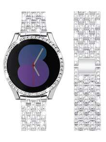 二合一优雅女士手表带，镶嵌闪亮水晶钻石，防刮银色框架保护壳，可调节闪亮金属表带，兼容三星 Galaxy Watch 4 40mm/44mm、Galaxy Watch 5 40/44mm、Galaxy Watch 6 40mm/44mm、Galaxy Watch 7 40mm/44mm，易于安装和拆卸，银色 - 銀色 - 查看 3