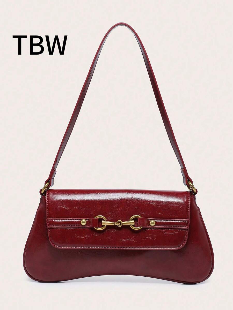 1pc Retro Multiple Hoop Decor Shoulder Underarm Bread Bag, Suitable For Date, Street, Party - Burgundy - View 1