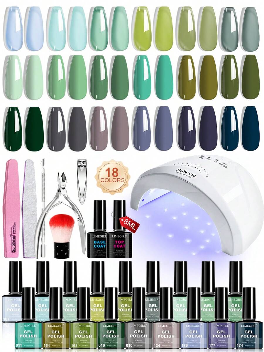 LIMEGIRL 27PCS Kit de ojă gel cu lampă de unghii Set de ojă gel semipermanentă cu strat de bază și strat superior Ojă gel de unghii de culoare strălucitoare, cadou de manichiură pentru femei