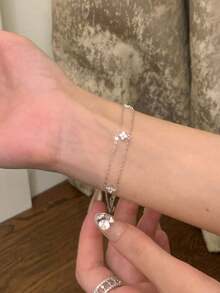 GAGAFEEL 1pc Sterling 925 Silver Exquisite Elegant Fashionable Double Layers Cute Flowers Cubic Zirconia Chain Bracelet For Women Daily Wearing Friendship Party Jewelry Gift