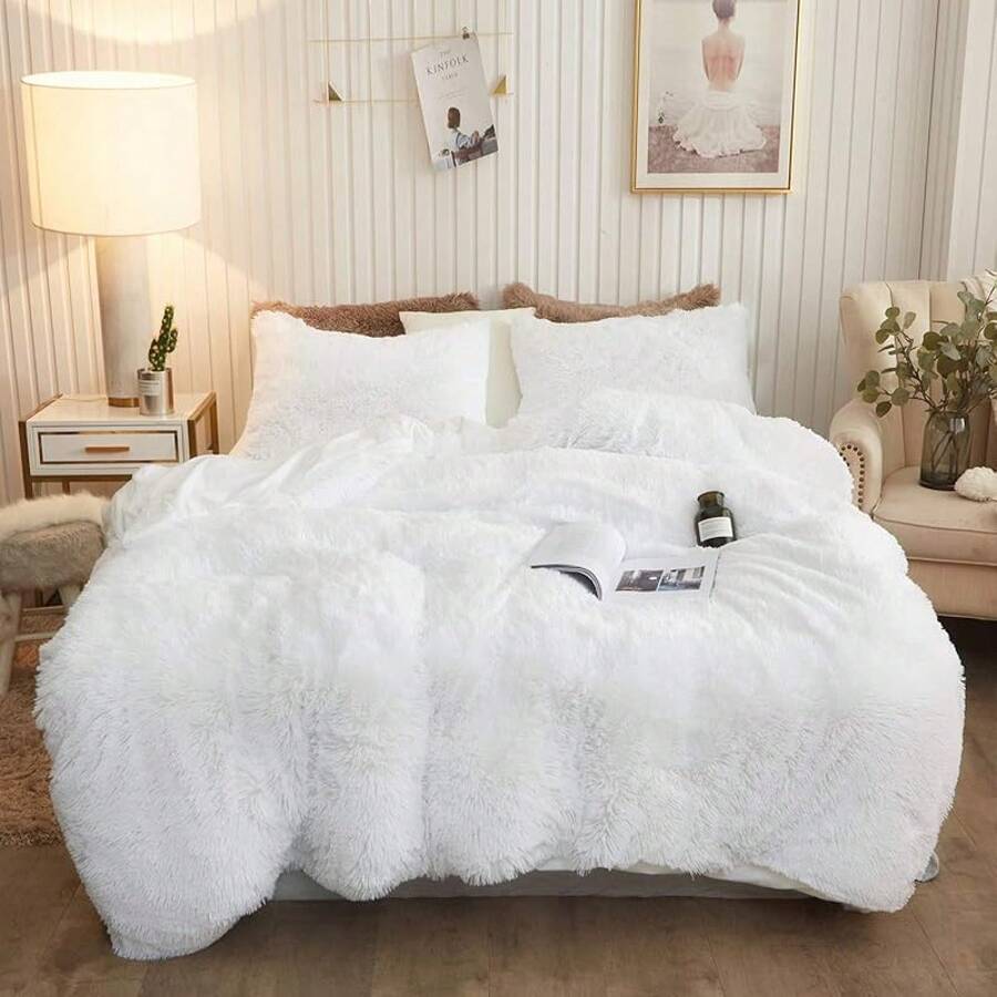 Plush Shaggy Duvet Cover Set, Ultra Soft Fluffy Bedding Sets 3 Pieces (1 Fuzzy Comforter Cover + 2 Pillow Cases), Zipper Close (, Pink), Luxury Bedding - 白色 - 查看 1