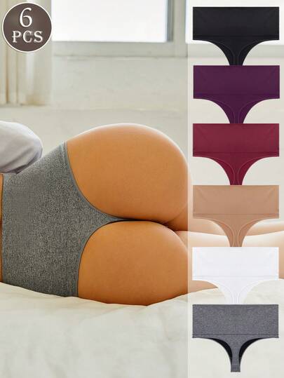 6PCS Women's Multi-Color Comfortable Breathable High-Waisted Tummy-Control Sexy Thongs, Plus Size Lingerie S-XXL