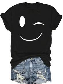 [Camiseta de Moda Casual] Camiseta suave y cómoda para mujer - Camiseta de manga corta de cuello redondo con estampado de cara sonriente guiñando, regalo perfecto para la abuela y la mamá, uso casual de primavera y verano - Negro - Ver 1