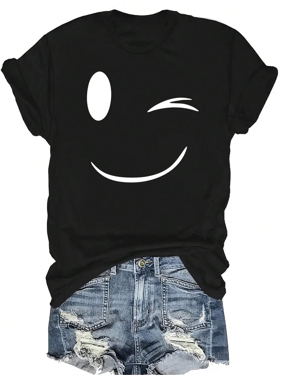 [Camiseta de Moda Casual] Camiseta suave y cómoda para mujer - Camiseta de manga corta de cuello redondo con estampado de cara sonriente guiñando, regalo perfecto para la abuela y la mamá, uso casual de primavera y verano - Negro - Ver 1