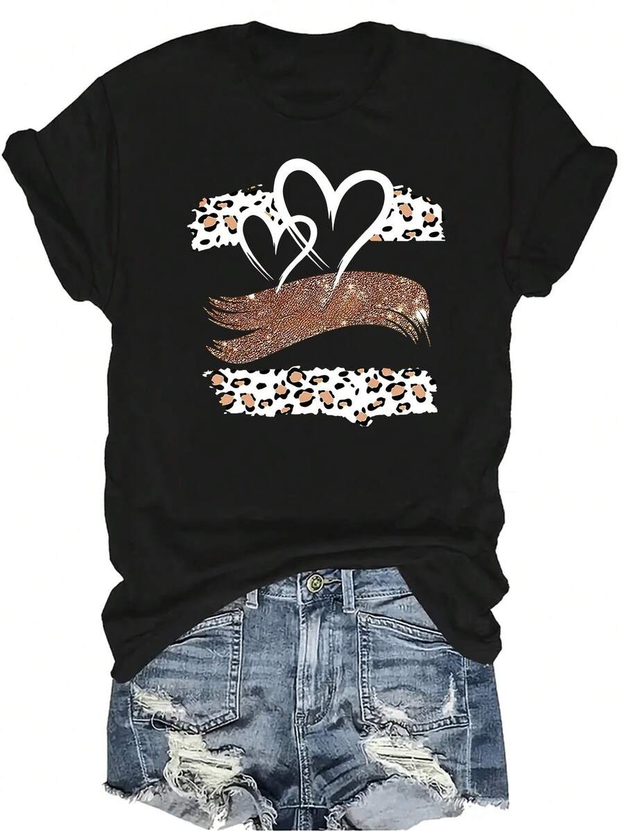 [Camiseta de Moda Casual] Camiseta de mujer suave y cómoda - Diseño de estampado de leopardo en forma de corazón, manga corta, cuello redondo, casual. Regalo perfecto para la abuela y la mamá, uso casual de primavera y verano - Negro - Ver 1