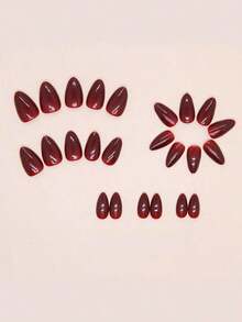 24Pcs Wine Red Solid Almond Wear Nail Tips + 1Pc Nail File + 1Pc Gel Polish Piece Press On Nails Nail Supplies Nails - 酒紅色 - 查看 2
