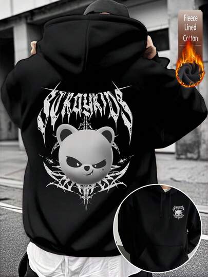 Top da uomo in cotone, top street style con motivo a orsi, felpe nere da uomo con spalle scese, felpe con cappuccio larghe e calde in tessuto spesso per autunno e inverno, adatte al freddo