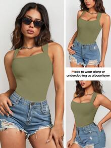 女士性感罗纹吊带露脐连体衣，方领露背设计 - 橄欖綠 - 查看 5