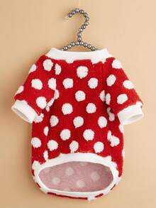 EOO 1pc Cat & Dog Universal Fashionable New Ins Style Warm Fleece Pet Sweatshirt With Red & White Spotted Pattern, Autumn/Winter - Multicolor - View 5