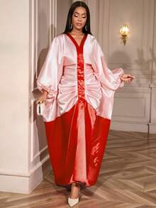 Robe longue africaine élégante avec col en V profond, manches chauve-souris, design à volants froncés en tissu tissé, parfaite pour les occasions spéciales