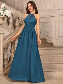 MIUSOL Đầm maxi dự tiệc trang trọng, hở lưng, xếp ly, chất liệu chiffon đính sequin và ren hoa, thích hợp cho khách dự đám cưới, lễ tốt nghiệp, tiệc chiêu đãi và các dịp khác, ngày lễ tình nhân mùa xuân. - Màu xanh bụi bặm - Xem 6