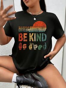 In A World Where You Can Be Anything Be Kind Sign Language 1 Pcs Women's Plus Size T-Shirt Funny Oversized Graphic Short S Ve Tee Novelty Shirt 100% Polyester Crew Neck Top Casual Clothing 220g - 黑色 - 查看 1