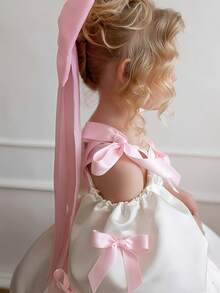Young Girl Spaghetti Strap Bow Puff Sleeve Princess Dress, Suitable For Children Birthday Party, Flower Girl, Wedding, Banquet, Prom, Holiday Celebration - 白色 - 查看 5