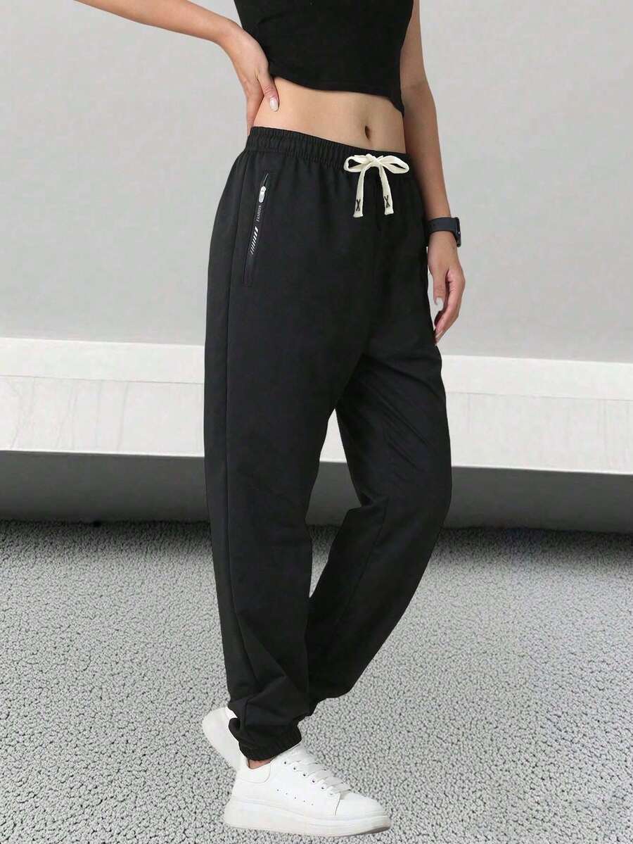 Women's Solid Color Drawstring Jogger Pants - Women's Sportswear Casual Comfortable Outdoor Leisure Sports Pants - Women's Sportswear - With Printed Zipper Pockets, Mid-Waist, Suitable For All Seasons, Suitable For Gym Workouts And Outdoor Activities