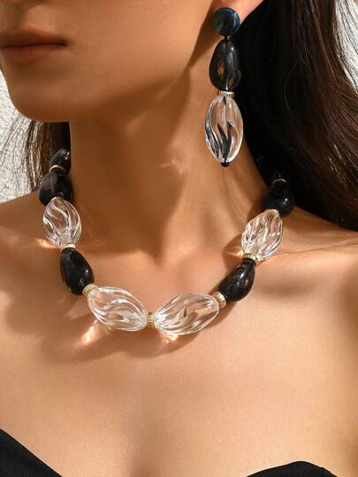 1 Set Of 3 Pcs Fashionable & Elegant Bohemian Style Jewelry Set, Includes Transparent Wavy Striped Beaded Necklace, Black Ink Painting Resin Beaded Earrings, Suitable For Elegant Ladies To Match Any Outfit For Vacation, Each Resin Bead Has Unique Color, Handmade Multicolor Resin