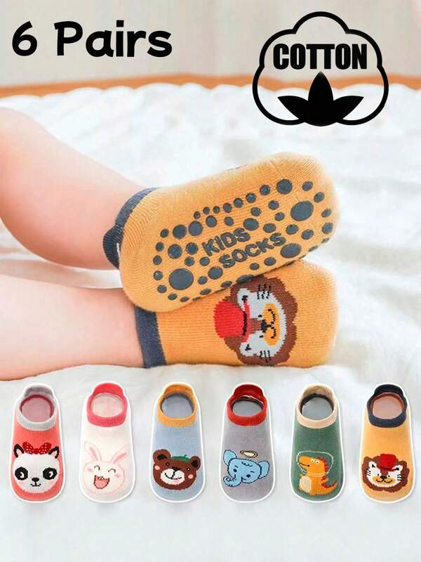 6 Paar Baby und Kleinkind Anti-Rutsch Socken, weich & bequem, hautfreundlich, Cartoon Muster, geeignet für Jungen & Mädchen, ganzjährig