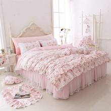 Romantic Roses Print Duvet Cover Set With Bed Skirt Pink Lace Ruffle Floral Shabby Chic King 4 Piece Bedding Set - 粉色 - 查看 2