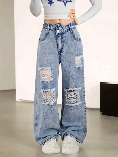 1pc Ripped Casual Denim Look Women Baggy Fit Long Pants, Light Blue Jeans For Teens, Autumn/Winter New Arrival