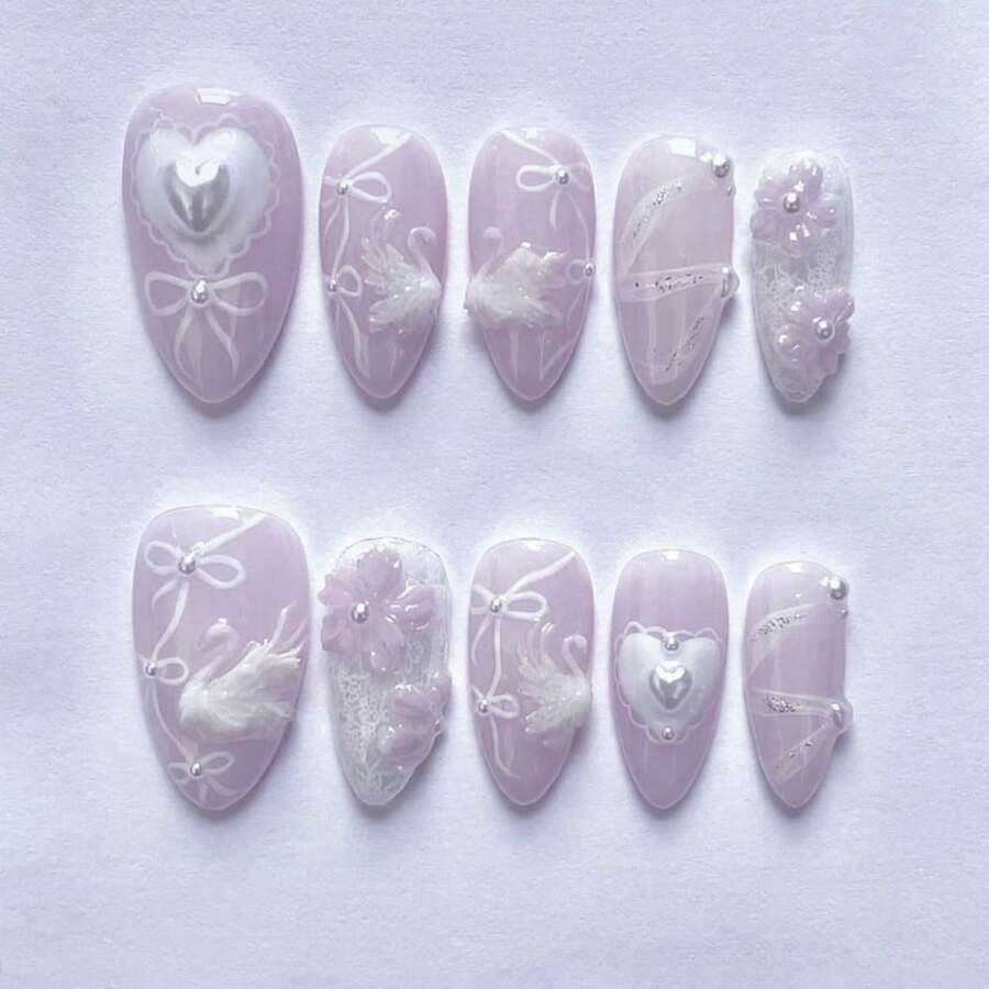 Luxury 3D Three-Dimensional White Swan Nail Art With Heart Bow - JP3886 - 查看 1