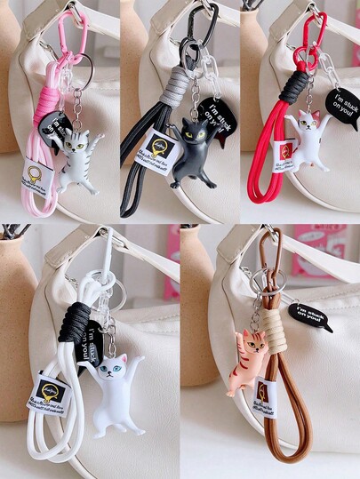 Charming Cat Bag Pendant, PVC Stretchy Cat Keychain, Colorful Rope Animal Pendant Keyring, Cute Cat Lover Gift, Accessory