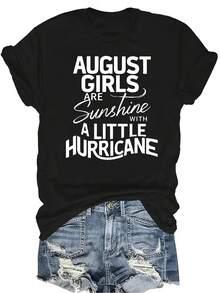 [Camiseta de moda casual] Camiseta suave y cómoda para mujer - Camiseta de manga corta de cuello redondo con estampado "August Girls Sunshine Hurricane", regalo perfecto para la abuela y la mamá, uso casual de primavera y verano - Negro - Ver 1