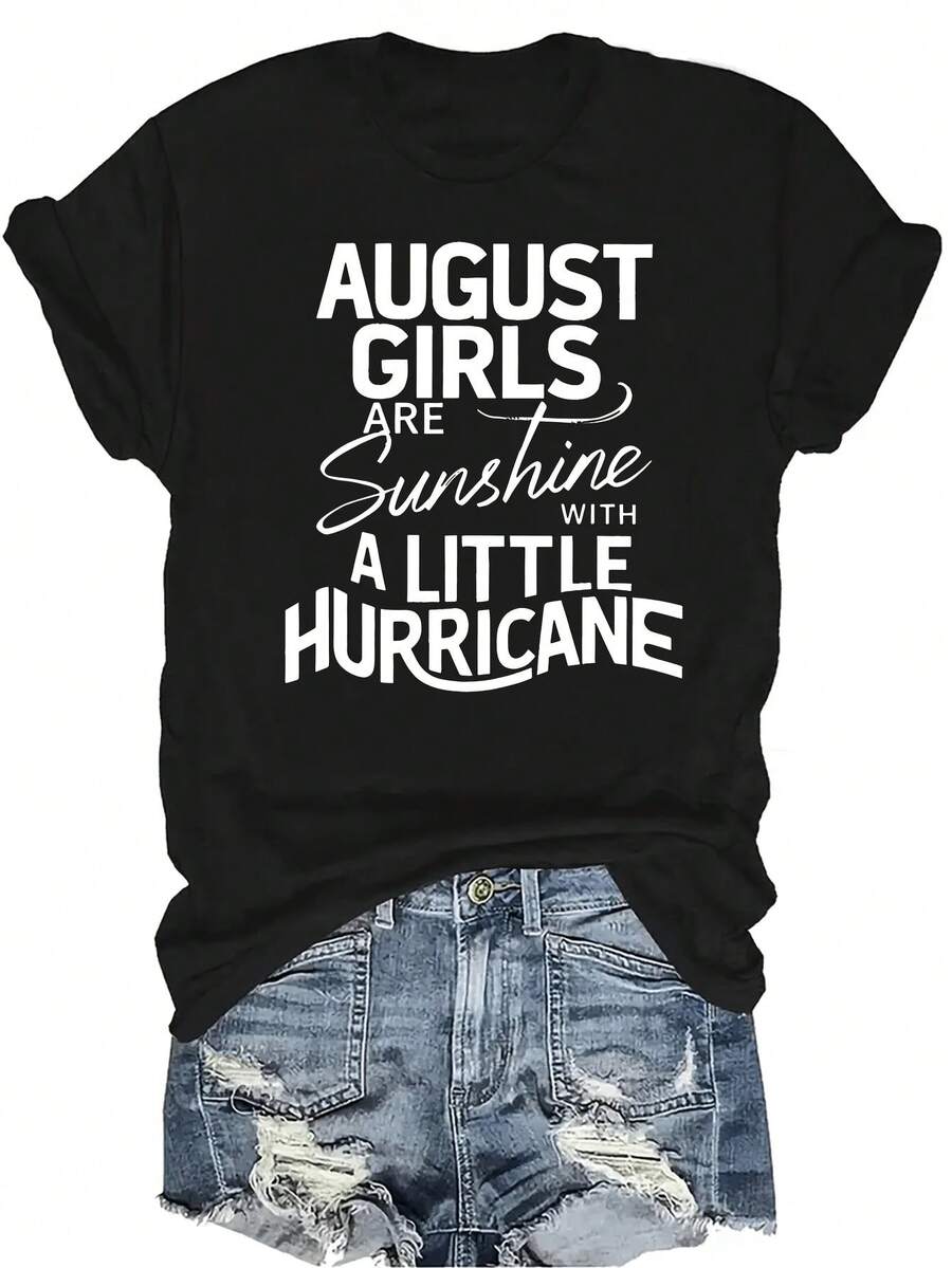 [Camiseta de moda casual] Camiseta suave y cómoda para mujer - Camiseta de manga corta de cuello redondo con estampado "August Girls Sunshine Hurricane", regalo perfecto para la abuela y la mamá, uso casual de primavera y verano - Negro - Ver 1