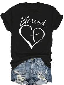[Camiseta de moda casual] Camiseta suave y cómoda para mujer - Diseño de cruz con corazón B-Lessed, casual de manga corta y cuello redondo, regalo perfecto para la abuela y la mamá, uso casual de primavera y verano - Negro - Ver 1