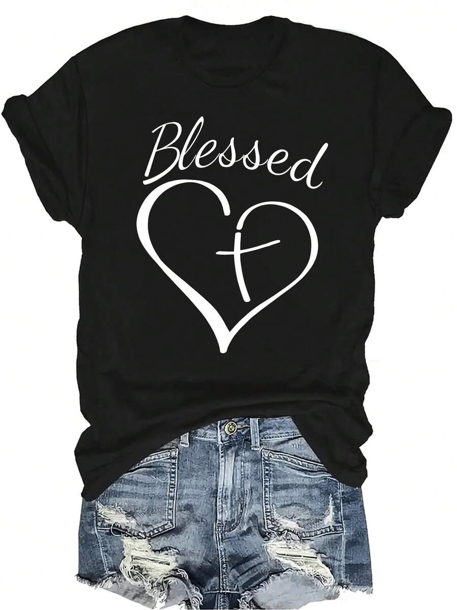 [Camiseta de moda casual] Camiseta suave y cómoda para mujer - Diseño de cruz con corazón B-Lessed, casual de manga corta y cuello redondo, regalo perfecto para la abuela y la mamá, uso casual de primavera y verano - Negro - Ver 1