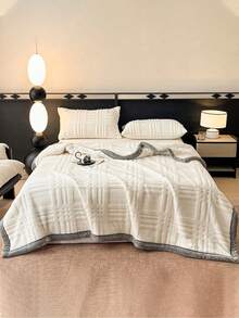 1pc White Plaid Jacquard Trim Taffeta Fleece Warm Thick Blanket, Soft & Skin-Friendly, Multi-Size & Multi-Purpose For Office, Living Room, Bedroom