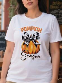 Camiseta casual para mujeres de 220g de algodón puro gruesa y cómoda con diseño de calabaza con moño de cuadros y texto Pumpkin Season de estilo vintage dulce - Blanco - Ver 2