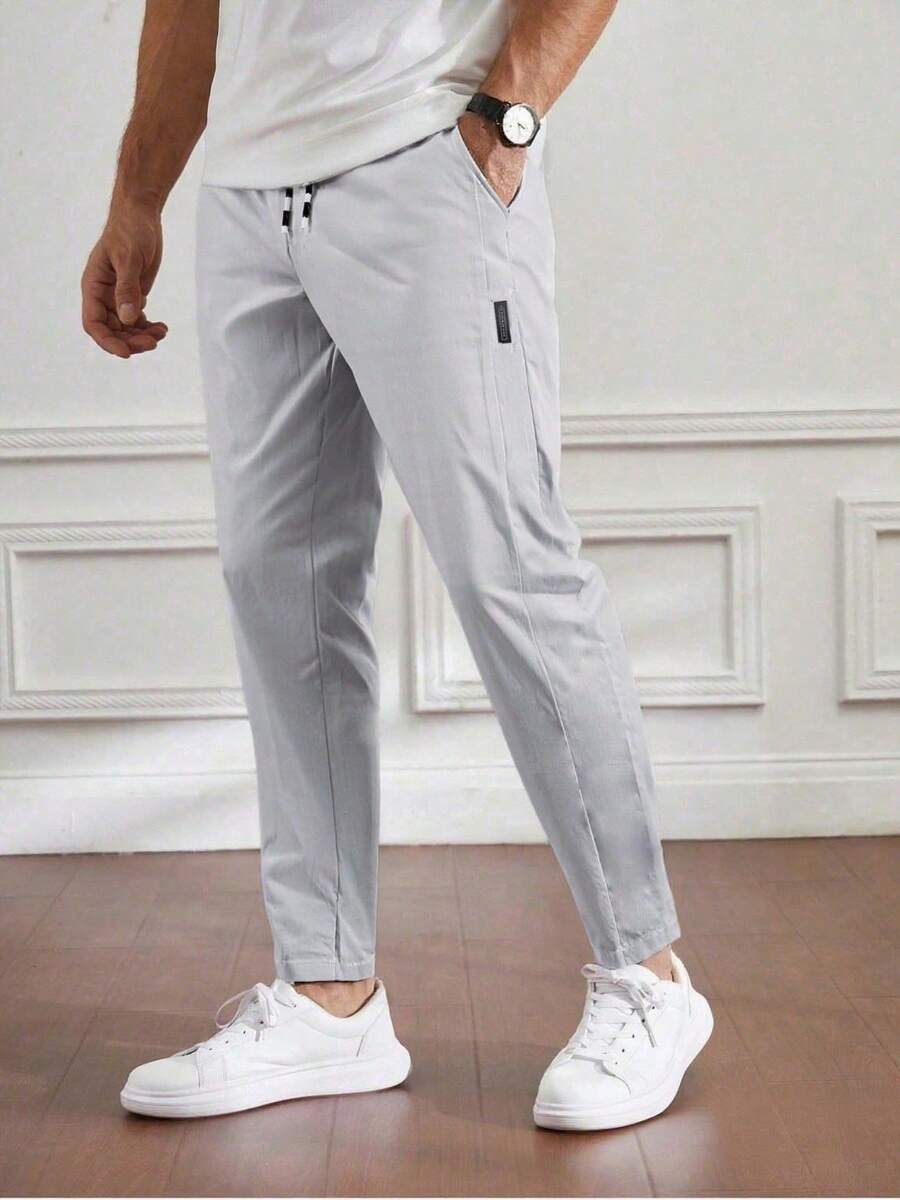 男士夏季轻薄抽绳腰锥形裤，适合秋季穿着 - 淺灰色 - 查看 1