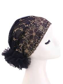 1 pieza Pañuelo de cabeza con encaje calado y diseño floral, gorro interior, turbante brillante, gorra para el cuidado del cabello
