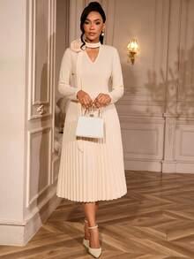 AOMEI 女士优雅长袖褶皱花朵A字中长款派对礼服，优雅长款派对礼服，时尚服装系列，适合约会、派对、婚礼、伴娘、毕业典礼、婚礼宾客等场合，秋季女装，别致晚礼服，时尚服装系列 - 杏色 - 查看 6