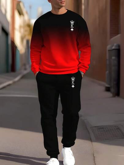 Conjunto de sudadera y pantalón de chándal con estampado degradado en negro y rojo por ambos lados, con estampado de letra K, adecuado para actividades al aire entrenamiento, conjunto de sudadera y pantalón de chándal 100% poliéster