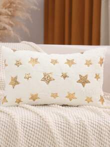 1 Pc Plush Decorative Throw Pillow Cover With Gold Sequin Embroidered Star - Gold - View 11