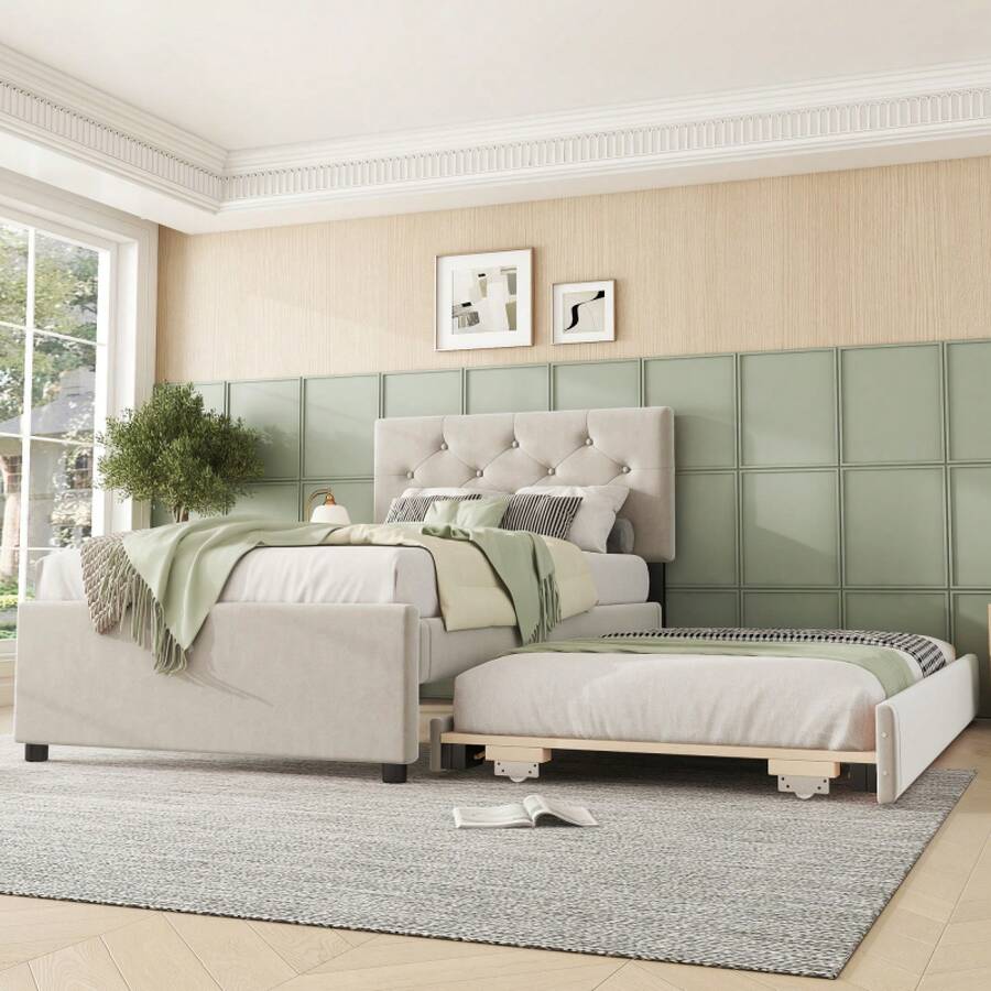 Upholstered Bed, 140x200cm, Bed With Slatted Base (Without Mattress), Bed With Storage Container, Velvet, Minimalist, - Beige + Velvet + 90cm*200cm - View 1