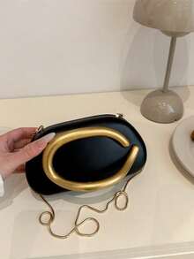 2025新款黑色晚装包，金色不对称手柄链条斜挎包和手拿包二合一，高端派对和约会之夜小钱包 - 黑色 - 查看 8