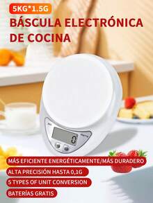 Báscula de cocina electrónica portátil con función de tara, capacidad de 5 kg/11 libras, 3 unidades de medición (g/oz/libras), base antideslizante, alimentada por batería (incluso AAA) - Diseño compacto para uso doméstico y restaurante, plástico apto para alimentos, básculas de cocina para alimentos, pesaje de restaurantes, modernos utensilios de cocina, cuerpo de plástico duradero. - Blanco - Ver 1