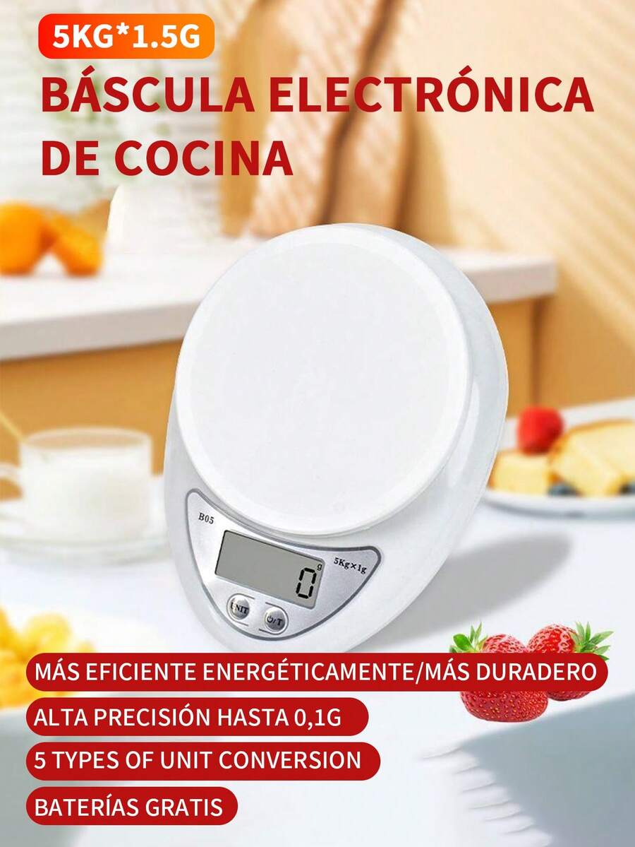 Báscula de cocina electrónica portátil con función de tara, capacidad de 5 kg/11 libras, 3 unidades de medición (g/oz/libras), base antideslizante, alimentada por batería (incluso AAA) - Diseño compacto para uso doméstico y restaurante, plástico apto para alimentos, básculas de cocina para alimentos, pesaje de restaurantes, modernos utensilios de cocina, cuerpo de plástico duradero. - Blanco - Ver 1
